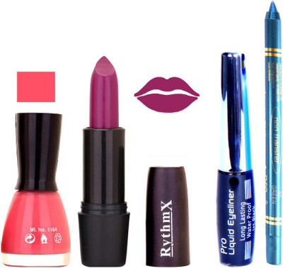 

Rythmx Pink Nail Polish Purple Lipstick With Eyeliner and Pro Non Transfer Blue Kajal 580136(Set of 4)