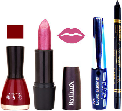 

Rythmx Maroon Nail Polish Shimmer Pink Lipstick With Eyeliner and Pro Non Transfer Black Kajal 68099(Set of 4)