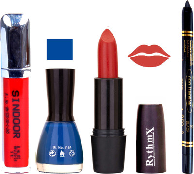 

Rythmx Glowing Red Lipstick Blue Nail Polish Non Transfer Black kajal Sindoor 182(Set of 4)