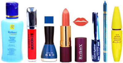 

Rythmx Lipstick ,Polish Remover, Sindoor, Nail Polish,EyeLiner,Turqoise Blue Kajal, Mascara, Makeup kit Combo 14008(Set of 7)