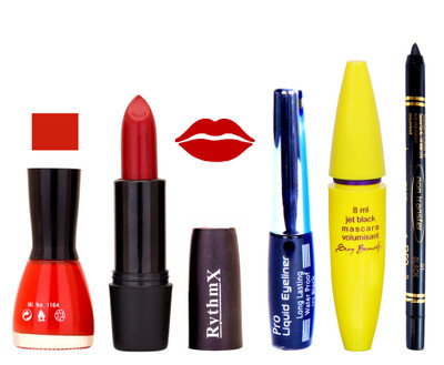 

Rythmx Red Lipstick Red Nail Polish With Black EyeLiner Zed Black Kajal and Volumisant Express MasCara B(Set of 5)