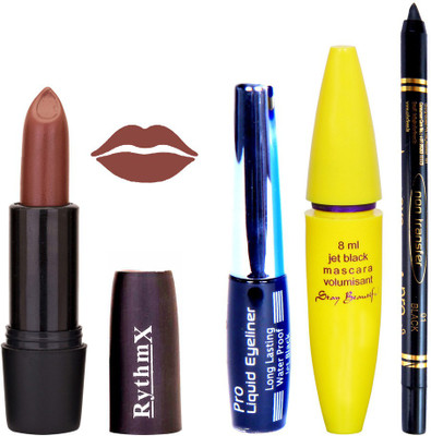 

Rythmx Brown Lipstick Bold Look Eyeliner Black kajal Magnum Beauty Maskara Kit 10114(Set of 4)
