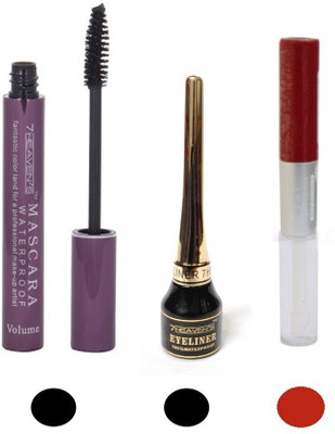 

7 Heaven's Combo Waterproof Eyeliner 4.3ml with Mascara 10 ml and Color Stay Waterproof Liquid Lipstick 2in1 9gm with 2 Piece Sponge and Puff(Set of 3)