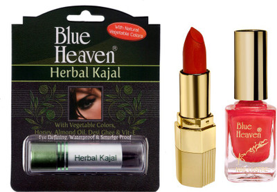 

Blue Heaven Xpression Lipstick Mo 161, Xpression Nail Paint 991 & Herbal Kajal Combo.(Set of 3)