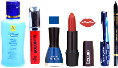 

Rythmx Glorious Red Lipstick Blue Nail Polish Remover Eye Liner Sindoor Black Kajal Combo Kit 9809(Set of 6)