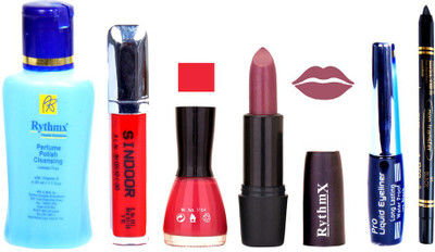 

Rythmx Shimmer Purple Lipstick Pink Nail Polish Remover Eye Liner Sindoor Black Kajal Combo Kit 9851(Set of 6)