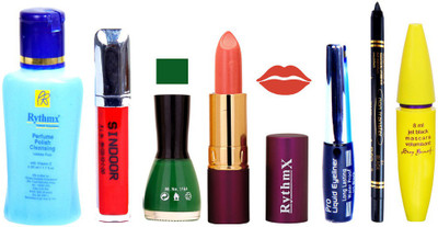 

Rythmx Lipstick ,Polish Remover, Sindoor, Nail Polish,EyeLiner,Black Kajal, Mascara, Makeup kit Combo 14108(Set of 7)