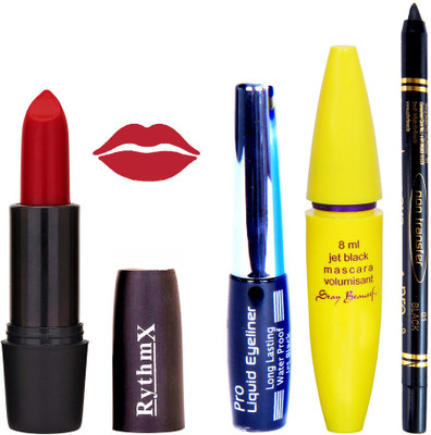 

Rythmx Rose Red Lipstick Bold Look Eyeliner Black kajal Magnum Beauty Maskara Kit 10108(Set of 4)