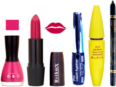 

Rythmx Mazanta Lipstick Mazanta Nail Polish With Black EyeLiner Zed Black Kajal and Volumisant Express MasCara S(Set of 5)
