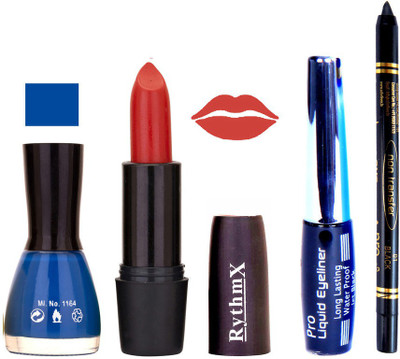 

Rythmx BlueNail Polish Redish Peach Lipstick With Eyeliner and Pro Non Transfer Black Kajal 68093(Set of 4)