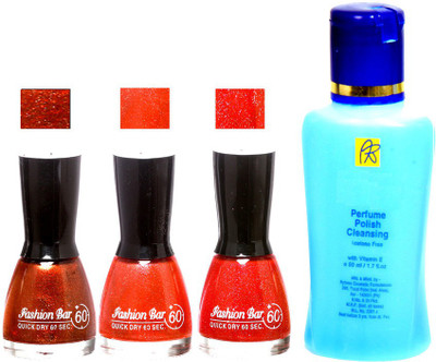 Fashion Bar Stengthening Nail Polish Remover and Glitter Brown,Glitter ORange,Glitter Red Shades Nail Polish 52446(Set of 4)