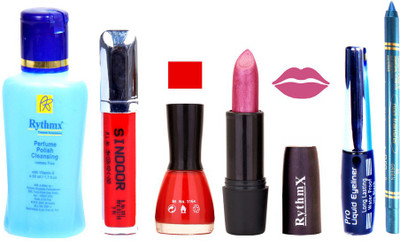

Rythmx Shimmer Purple Lipstick Red Nail Polish Remover Eye Liner Sindoor Turquoise Blue Kajal Combo Kit 8905(Set of 6)