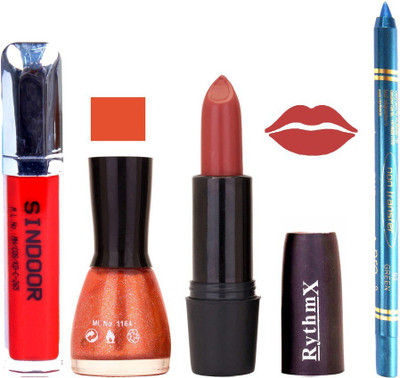 

Rythmx Pinkish Peach Lipstick Glitter Orange Shade Nail Polish Sindoor and Non Pro Transfer Turquoise Blue Kajal Combo kit 9944(Set of 4)
