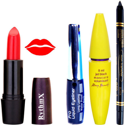 

Rythmx Fastsy Red Lipstick Bold Look Eyeliner Black kajal Magnum Beauty Maskara Kit 10101(Set of 4)