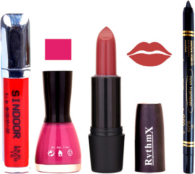 

Rythmx Gajri PinkLipstick Voilet Purple Nail Polish Non Transfer Black kajal Sindoor 168(Set of 4)
