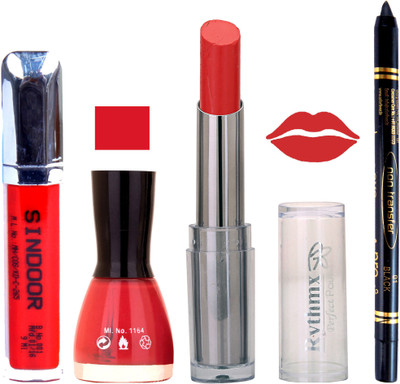 

Rythmx Lipstick Sindoor,Nail Polish,Black Kajal Makeup Pack Combo 667(Set of 4)