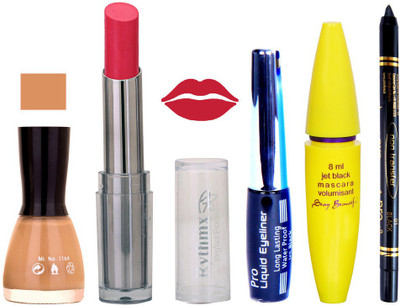 

Rythmx Intense Matte Hot redish ink Shade Lipstick,Musted Pink Nail Polish,Black Eyeliner,Mascara, And Stay On Black Kajal 7343(Set of 5)