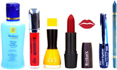 

Rythmx Brilliant Red Lipstick Yellow Nail Polish Remover Eye Liner Sindoor Turquoise Blue Kajal Combo Kit 8883(Set of 6)