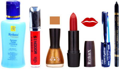 

Rythmx Red Lipstick Gold Nail Polish Remover Eye Liner Sindoor Black Kajal Combo Kit 9845(Set of 6)