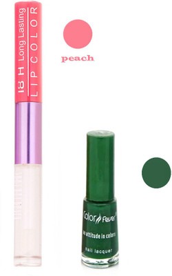 Color Fever Long Lasting 207201626 Peach Lipstick+Green Nail Polish(Set of 2)