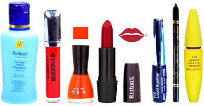 

Rythmx Red Lipstick Orange Nail Polish Remover Eye Liner Sindoor Pro Non Transfer Black Kajal Maskara Combo Kit 2810(Set of 7)
