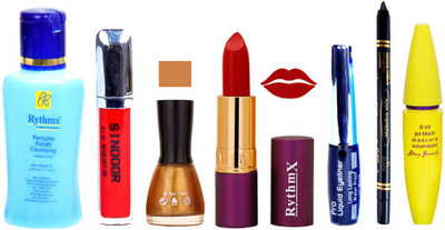

Rythmx Lipstick ,Polish Remover, Sindoor, Nail Polish,EyeLiner,Black Kajal, Mascara, Makeup kit Combo 14101(Set of 7)