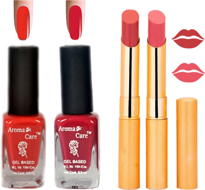 Aroma Care Black Cap Nail Polish RHYTHM Orange Lipstick Combo 035(Set of 4)