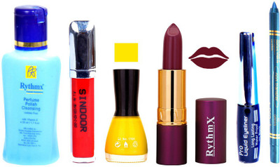 

Rythmx Purple Lipstick ,Polish Remover, Sindoor, Nail Polish,EyeLiner,Turqoise Blue Kajal, Makeup kit Combo 12003(Set of 6)