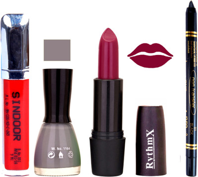 

Rythmx Mazanta Mauve Lipstick Grey Nail Polish Non Transfer Black kajal Sindoor 137(Set of 4)