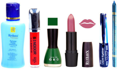 

Rythmx Shimmer Royal Purple Lipstick Green Nail Polish Remover Eye Liner Sindoor Turquoise Blue Kajal Combo Kit 8932(Set of 6)