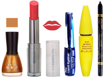 

Rythmx Intense Matte Peaches Pink Shade Lipstick, Glitter Gold Nail Polish,Black Eyeliner,Mascara, And Stay On Black Kajal 7323(Set of 5)
