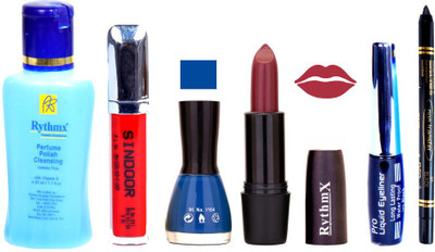 

Rythmx Mauve Lipstick Blue Nail Polish Remover Eye Liner Sindoor Black Kajal Combo Kit 9807(Set of 6)