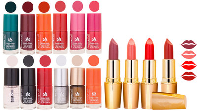 

Aroma Care 12 Piece Vibrant Color Nail Polish Combo Set With 4 Rythm Creamy Matte Lipstick Combo 45(Set of 16)