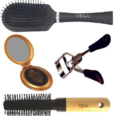 

VEGA Round Brush E8-RB,Eyelash Curler EC-02, Cushioned Brush E5-CB, Oval Brush with Mirror R3-FM(Set of 4)
