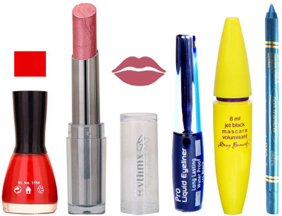 

Rythmx Lipstick, Nail Polish, Kajal, Eyeliner, Mascara, Sindoor, Nail Polish Remover Makeup kit Combo offer Pack of 7(Set of 7)