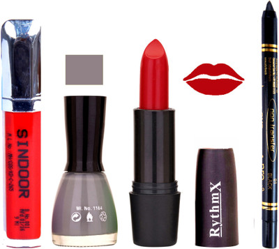 

Rythmx Red Lipstick Grey Nail Polish Non Transfer Black kajal Sindoor 136(Set of 4)