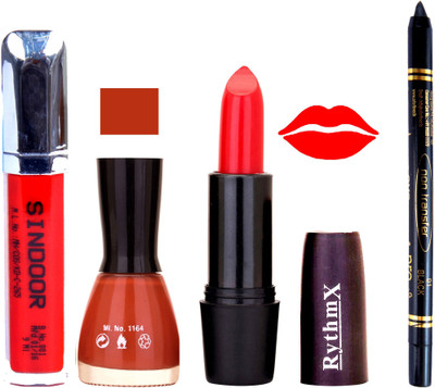 

Rythmx Orange Lipstick Fantasy Brown Nail Polish Non Transfer Black kajal Sindoor 164(Set of 4)