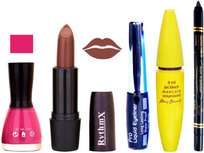 

Rythmx Brown Lipstick Voilet Purple Nail Polish With Black EyeLiner Zed Kajal and Volumisant Express MasCara T(Set of 5)
