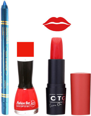 

Fashion Bar Nail Polish , otg Lipstick , Turquoise Blue Kajal Combo68(Set of 3)