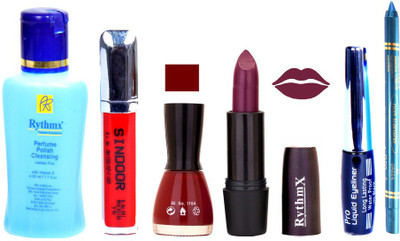 

Rythmx Jamini Lipstick Maroon Nail Polish Remover Eye Liner Sindoor Turquoise Blue Kajal Combo Kit 8915(Set of 6)