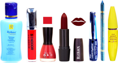 

Rythmx Maroon Lipstick Redish Pink Nail Polish Remover Eye Liner Sindoor Pro Non Transfer Turquoise Blue Kajal Maskara Color Bomb Kit 1813(Set of 7)