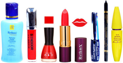 

Rythmx Lipstick ,Polish Remover, Sindoor, Nail Polish,EyeLiner,Black Kajal, Mascara, Makeup kit Combo 14092(Set of 7)