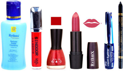 

Rythmx Pinkish Purple Lipstick Glitter Red Nail Polish Remover Eye Liner Sindoor Black Kajal Combo Kit 9847(Set of 6)