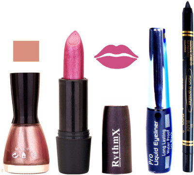 

Rythmx Light Shimmer Pink Nail Polish Shimmer Purple Lipstick With Eyeliner and Pro Non Transfer Black Kajal 68107(Set of 4)