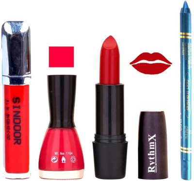 

Rythmx Red Lipstick Dark Pink Shade Nail Polish Sindoor and Non Pro Transfer Turquoise Blue Kajal Combo kit 9952(Set of 4)