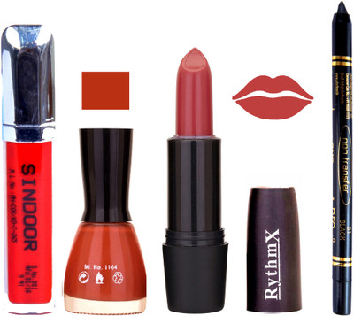 

Rythmx Gajri Pink Lipstick Fantasy Brown Nail Polish Non Transfer Black kajal Sindoor 163(Set of 4)