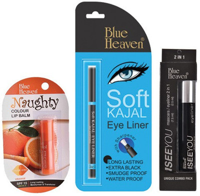 

Blue Heaven Soft Kajal Eyeliner , I See You 2 in 1 Mascara/Eyeliner & Naughty Color Lip Balm (Orange)(Set of 3)