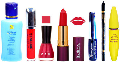 

Rythmx Lipstick ,Polish Remover, Sindoor, Nail Polish,EyeLiner,Black Kajal, Mascara, Makeup kit Combo 14099(Set of 7)