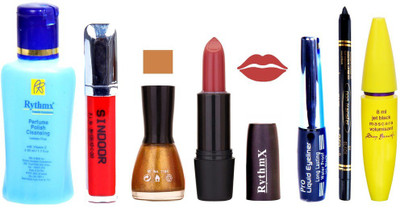 

Rythmx Gajri Lipstick Glitter Gold Nail Polish Remover Eye Liner Sindoor Black Kajal Maskara 55(Set of 7)