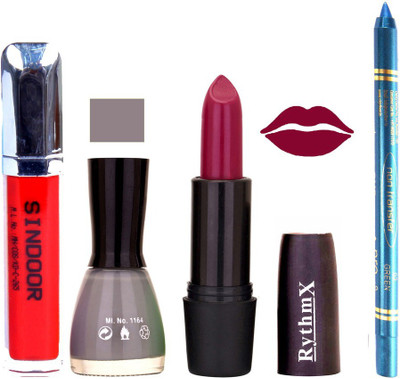 

Rythmx Mazanta Mauve Lipstick Gray Shade Nail Polish Sindoor and Non Pro Transfer Turquoise Blue Kajal Combo kit 9950(Set of 4)